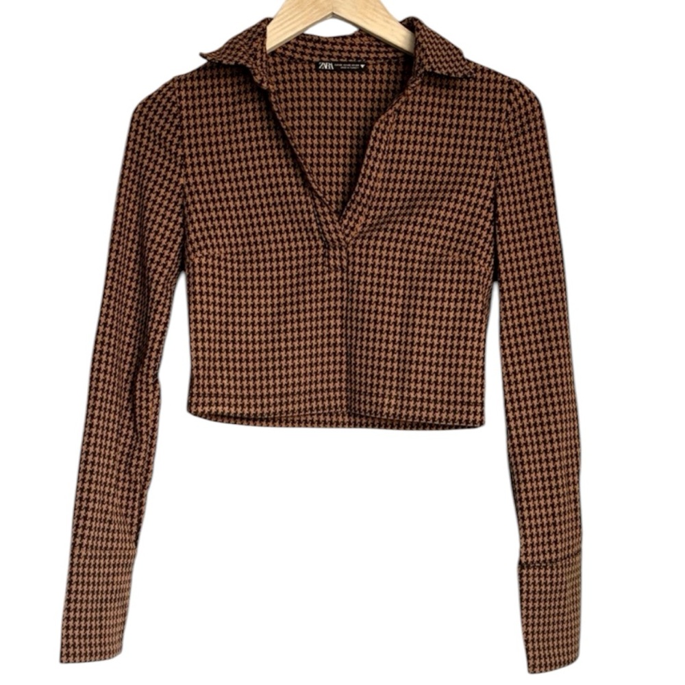 Zara Black and Brown Houndstooth Cropped Shirt XSmall